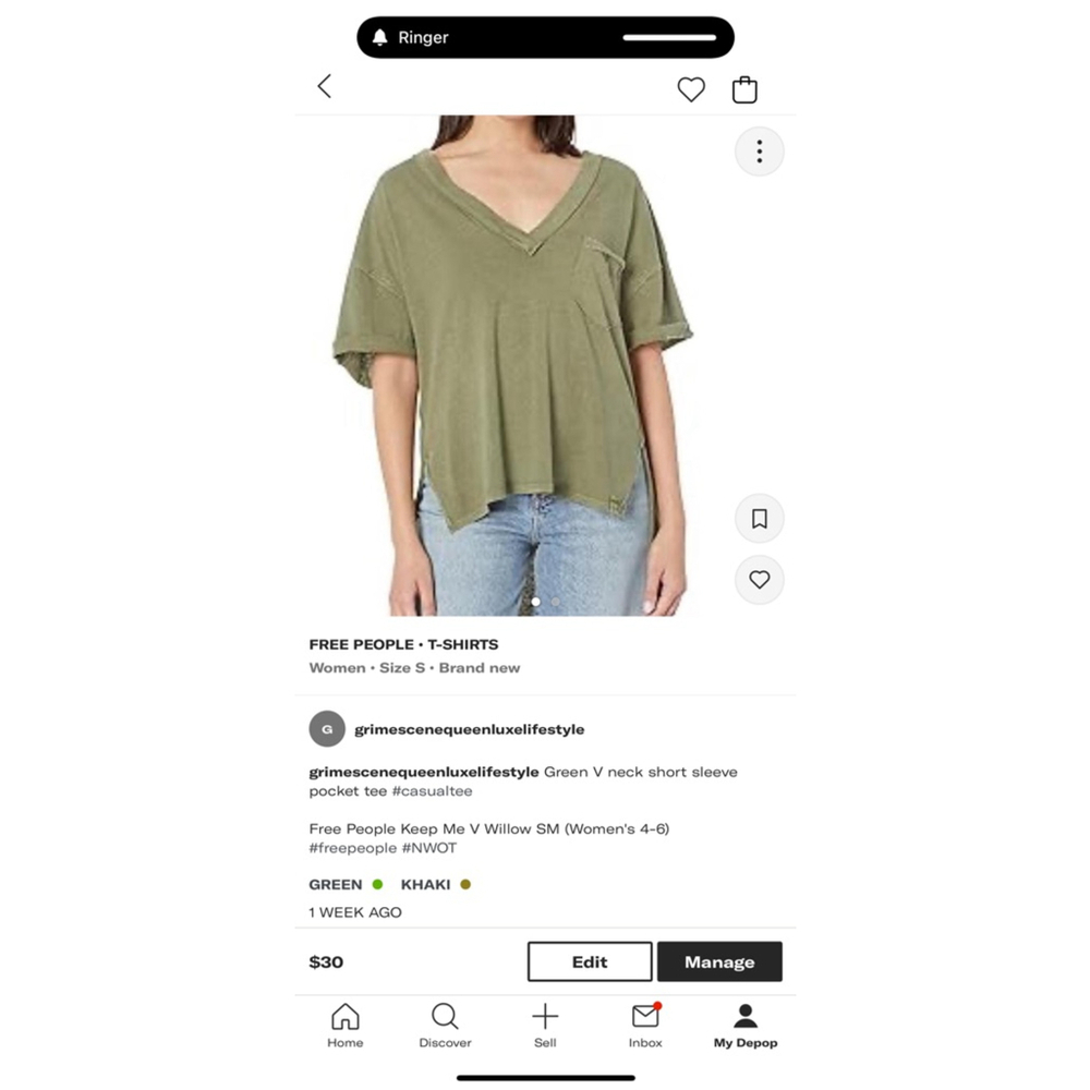 Women's Free People T-Shirt Size S Green Khaki